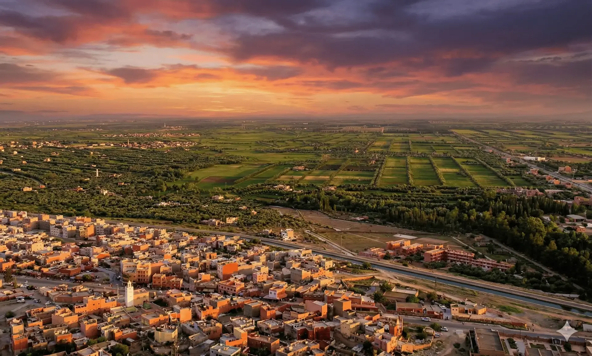 Luftaufnahme von Afourar bei Sonnenuntergang: die ockerfarbenen Dächer der Stadt im Vordergrund, dahinter die bewässerten Felder und Olivenhaine der Tadla-Ebene mit dem Hauptkanal